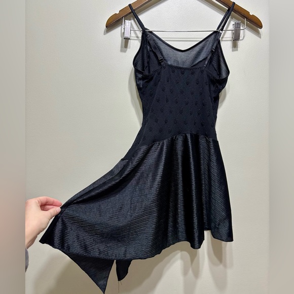 Vintage 90s Y2K Satin Cocktail Asymmetrical Hem Rosette Mini Tank Dress Black - Picture 6 of 8
